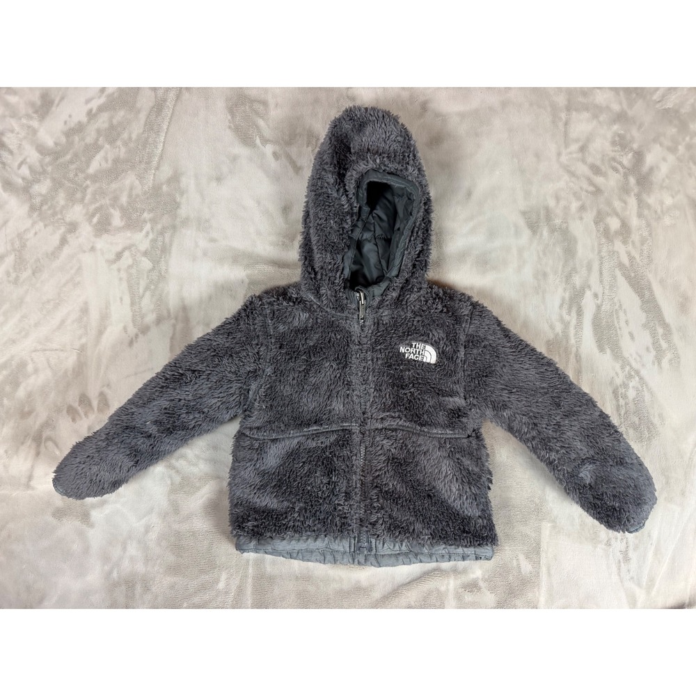 The North Face Reversible Fleece Puffer Jacket Grey Black Hooded Toddler Kids